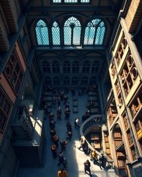 Explore a magical school teeming with young wizards in this high-angle digital painting.  Viewed from above, the artwork reve