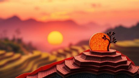 A stunning layered papier-mâché artwork capturing a vibrant sunset over serene rice terraces. The subject boasts sharp focus,