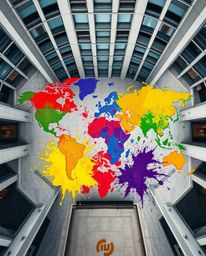 This overhead architectural photograph showcases a stunning world map formed from vibrant, complementary color splashes.  The