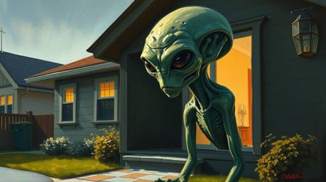 A captivating classic oil painting depicts an alien inhabitant of a suburban home.  The artwork features strong, hard light, 