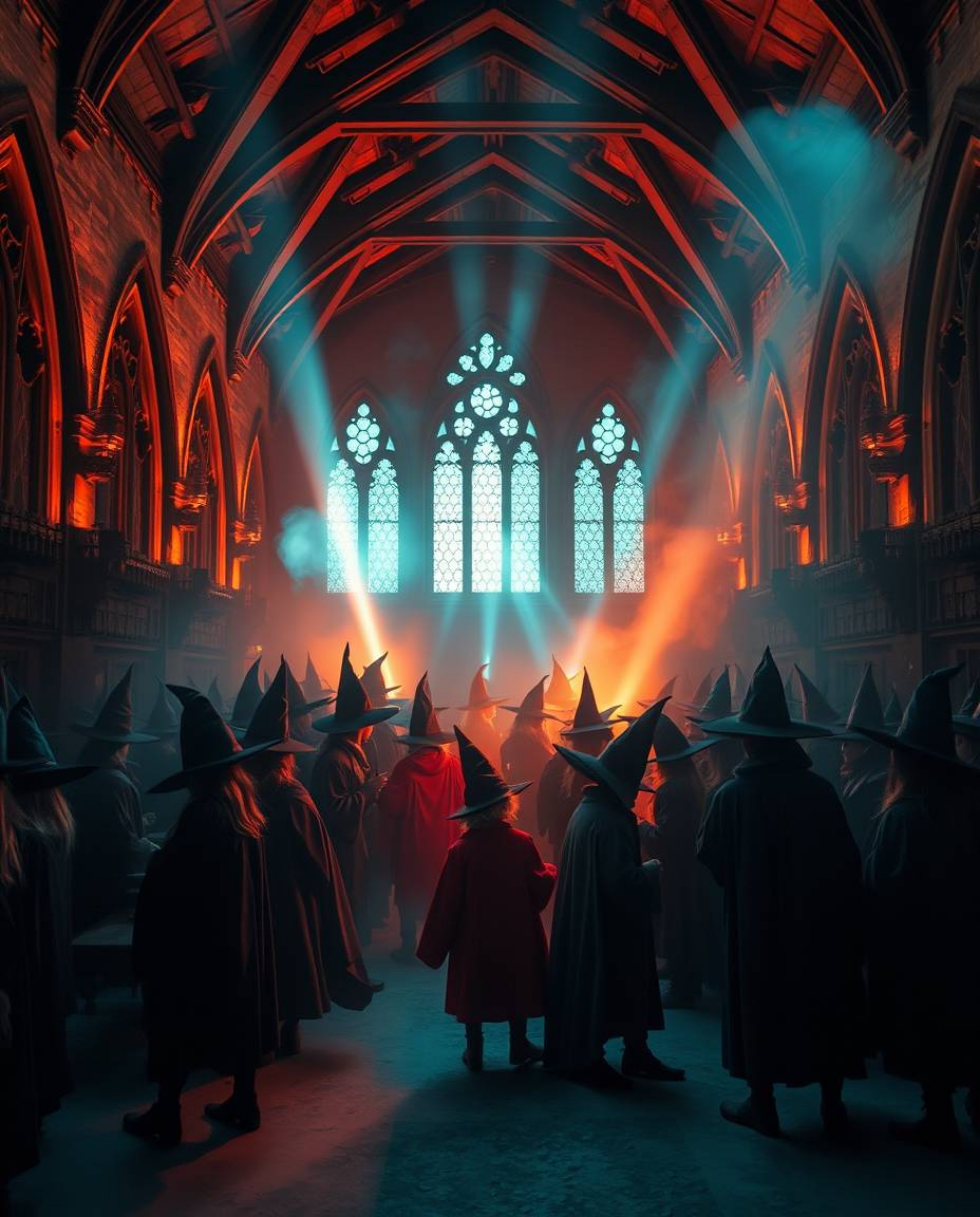 Discover a captivating image of a magical school brimming with young wizards.  Volumetric lighting in warm terracotta and coo