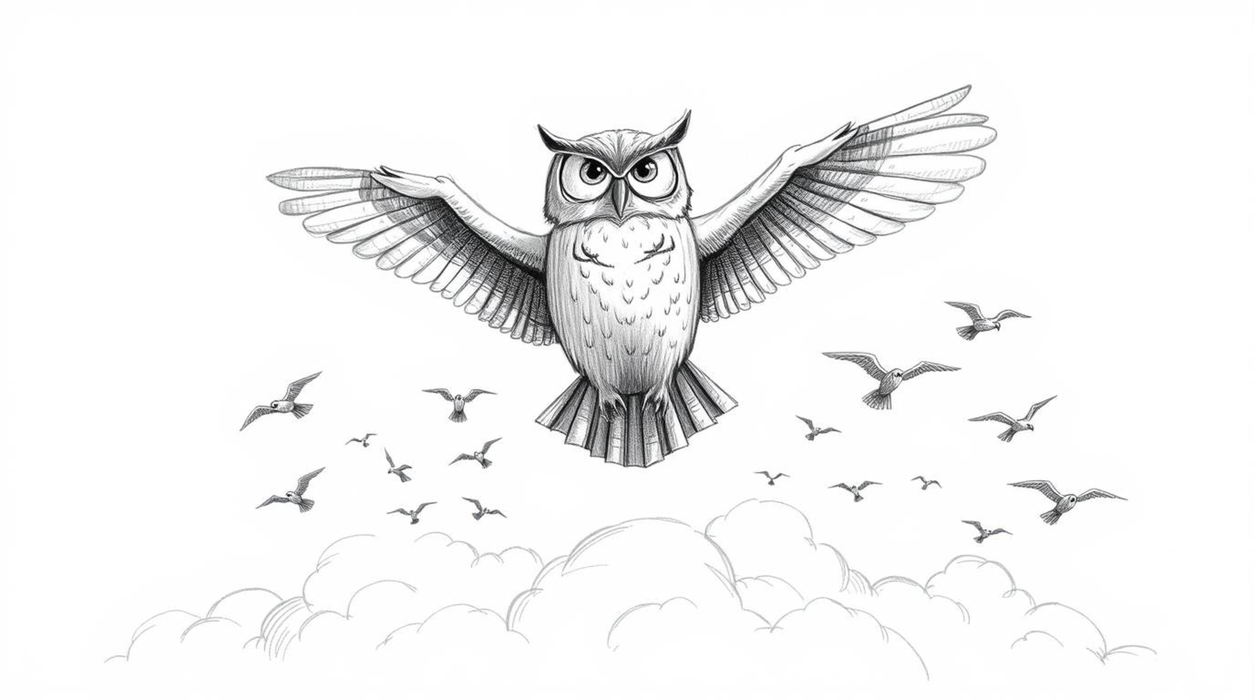A heartwarming Pixar-inspired hand-drawn sketch showcases a blind owl with textured pencil strokes, wings outstretched, proud