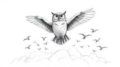 A heartwarming Pixar-inspired hand-drawn sketch showcases a blind owl with textured pencil strokes, wings outstretched, proud