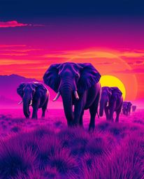 A futuristic sci-fi illustration of elephants walking across a sunset field. The image is characterized by deep ultraviolet h