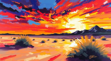 Experience the breathtaking energy of a dynamic desert sunset captured in a bold acrylic painting.  This artwork features vib
