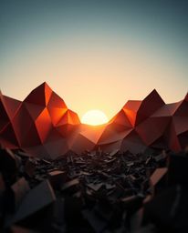A captivating image depicts a sunrise over a war-torn landscape, rendered in intricate origami style.  The geometric precisio