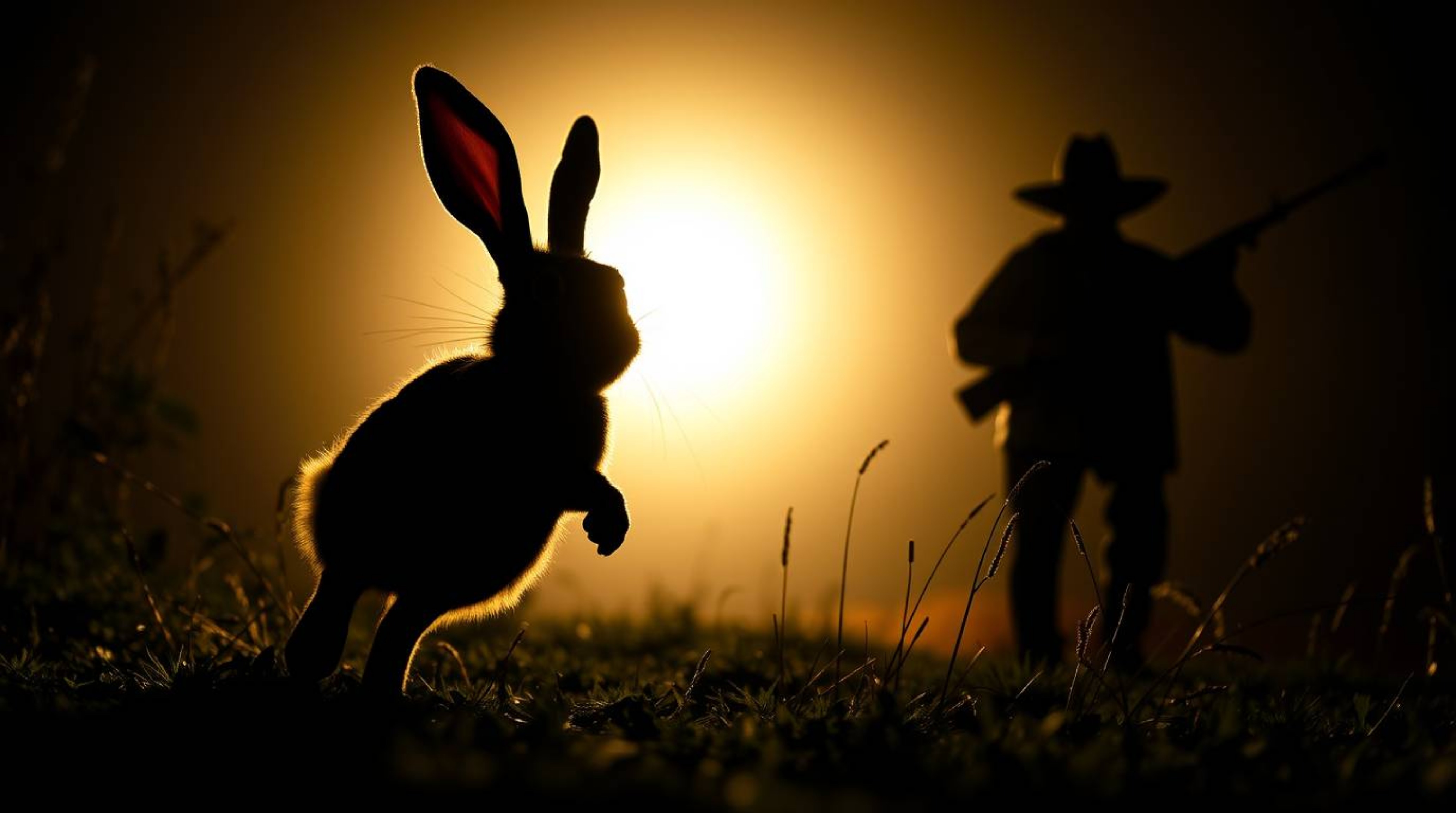 A dynamic, silhouetted image captures a wacky rabbit with comedic features outrunning a hunter. The low-angle perspective and
