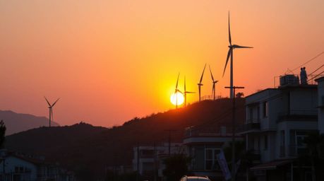 Capture the mystic enchantment of a vibrant sunset behind a row of wind turbines perched atop a hill. This candid street phot