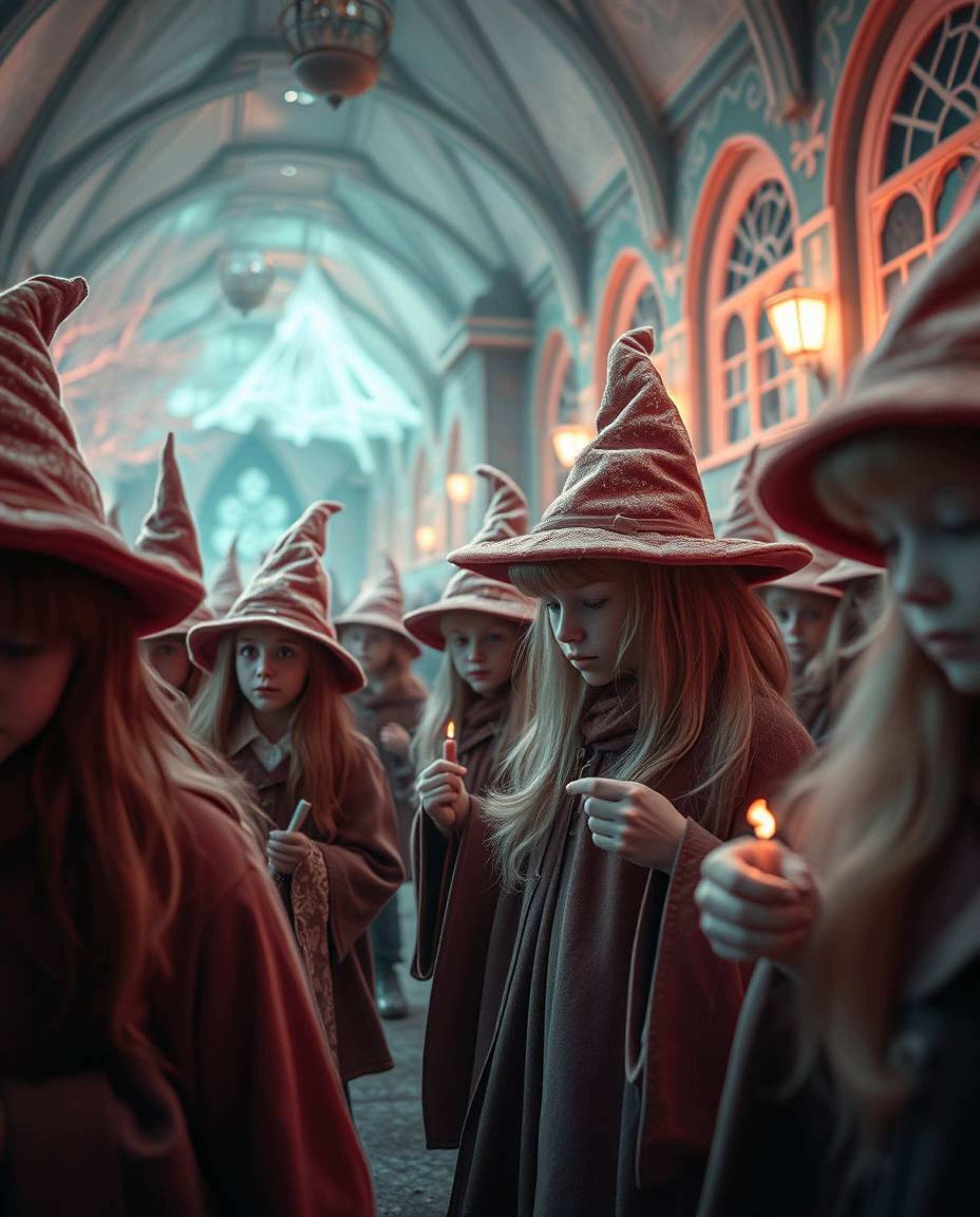 A captivating surreal infrared image showcases a magical school brimming with young wizards. The ethereal quality, gentle co