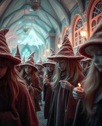 A captivating surreal infrared image showcases a magical school brimming with young wizards. The ethereal quality, gentle co