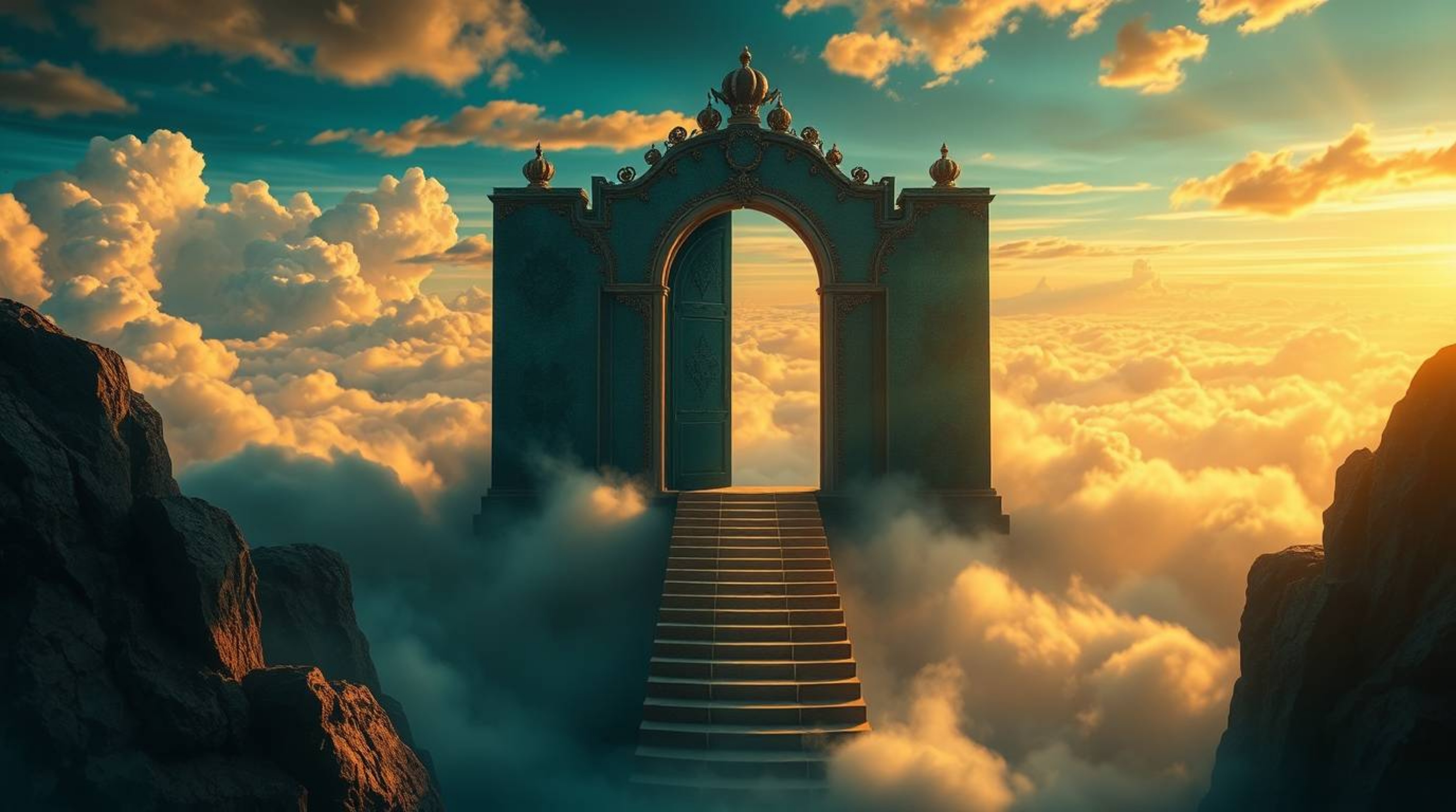 A breathtaking fantasy realism artwork depicts a rich, deep teal heavenly gate floating majestically above clouds.  Golden li