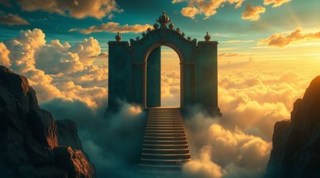 A breathtaking fantasy realism artwork depicts a rich, deep teal heavenly gate floating majestically above clouds.  Golden li