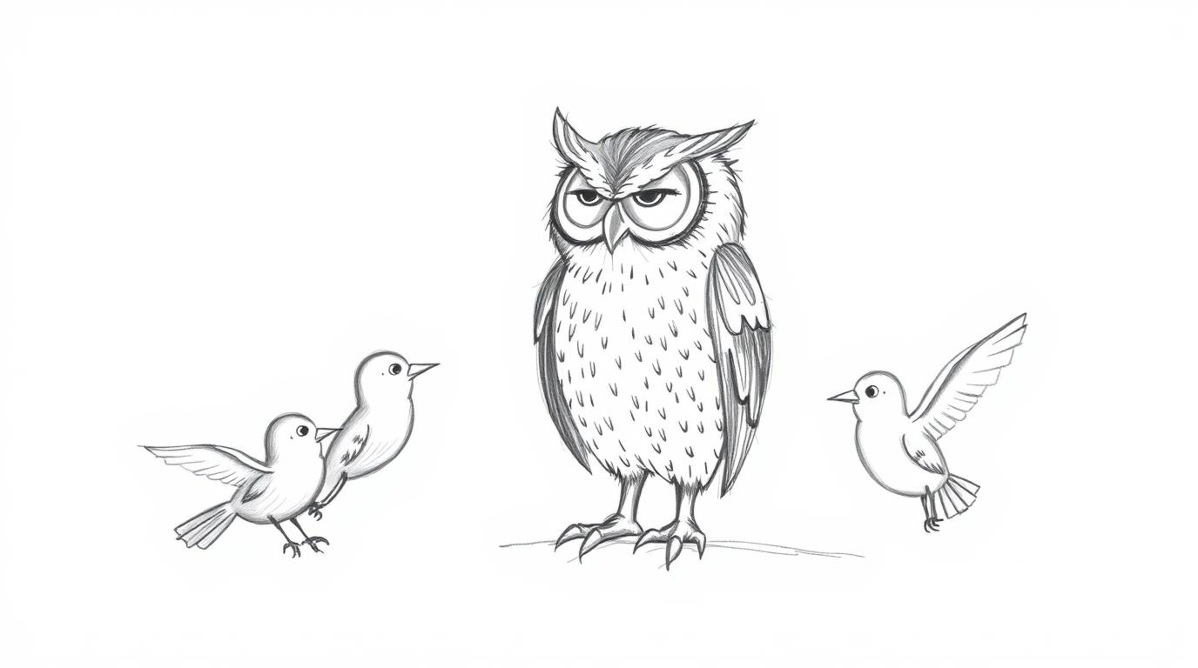 A charming hand-drawn sketch in the style of Pixar, depicting a wise, blind owl attentively listening to birds learning to fl