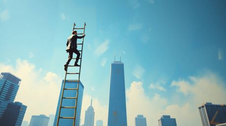This captivating acrylic painting depicts a businessperson ascending a transparent ladder that seemingly vanishes into the vi