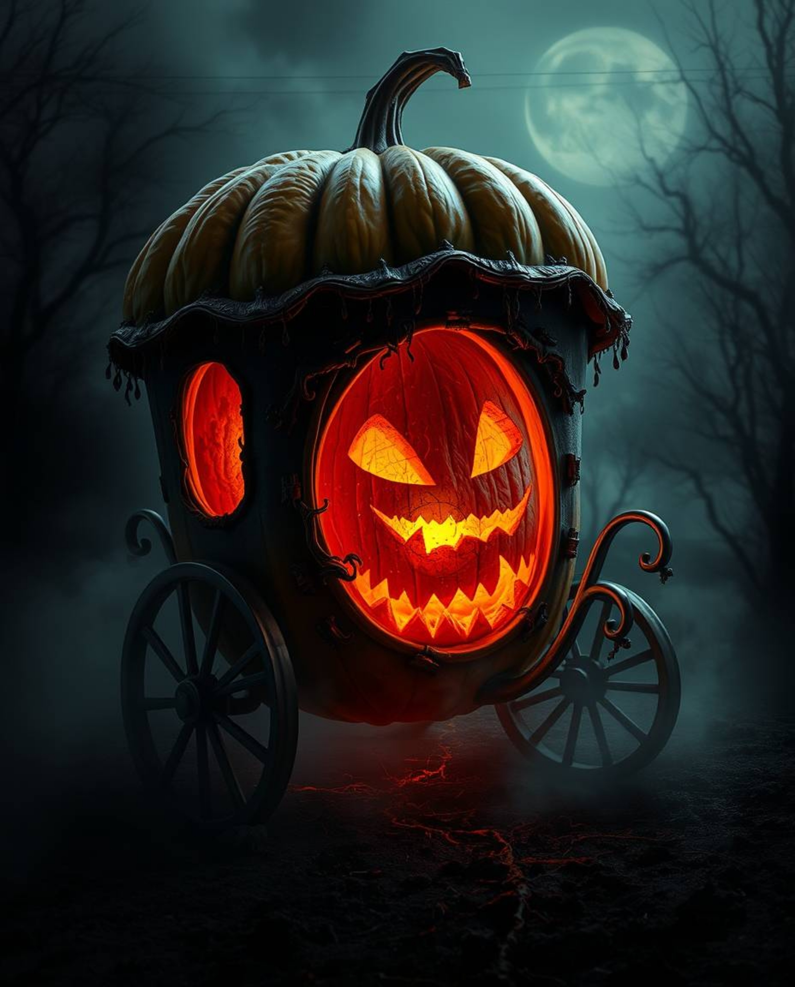 A captivating rendering depicts a magical pumpkin undergoing a transformation into a carriage. The artwork emphasizes a dark,