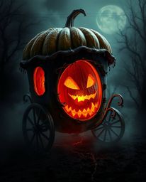 A captivating rendering depicts a magical pumpkin undergoing a transformation into a carriage. The artwork emphasizes a dark,