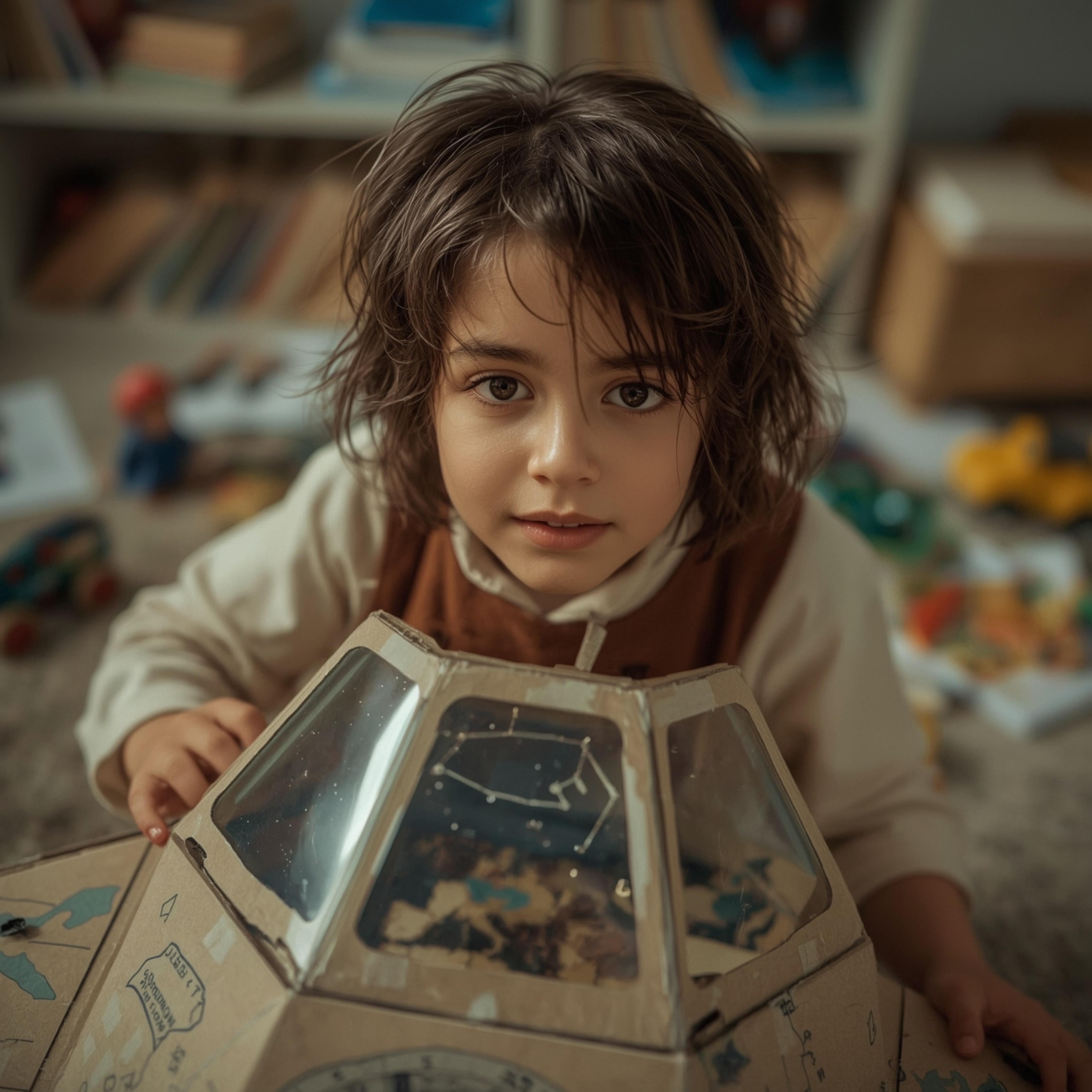 Exquisite high fashion photography captures a young boy with messy brown hair and bright, curious eyes, dressed in a stylish 
