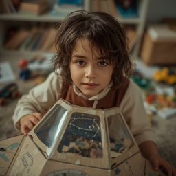 Exquisite high fashion photography captures a young boy with messy brown hair and bright, curious eyes, dressed in a stylish 