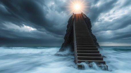 A captivating long-exposure photograph depicts a dramatic staircase rising from the ocean towards a stormy sky illuminated by