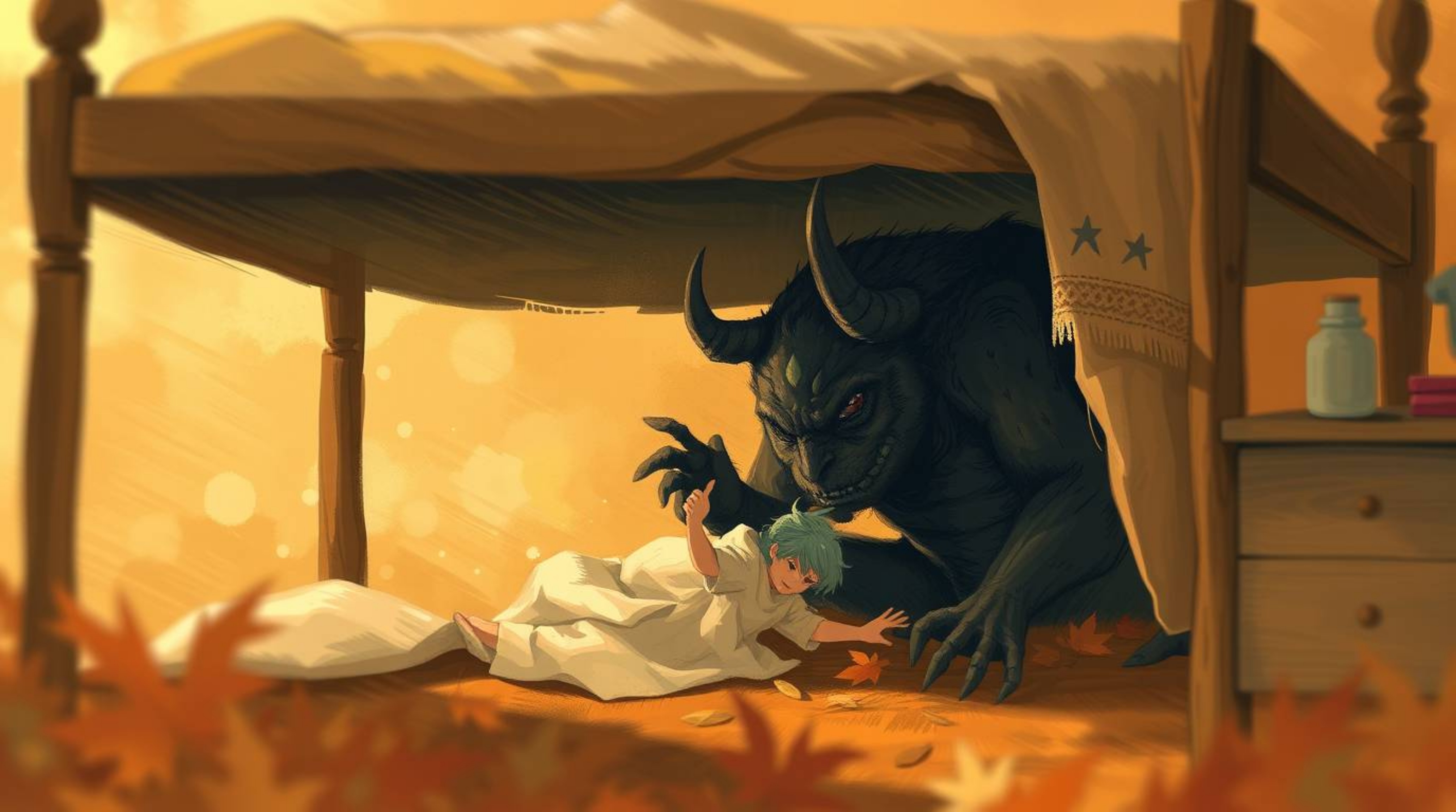 This artwork captures a heartwarming scene of a monster under the bed befriending a child, rendered in warm autumnal colors a