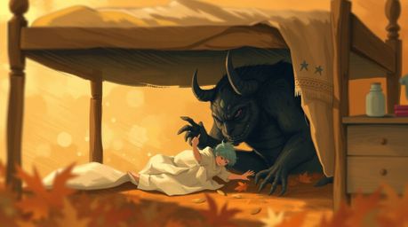 This artwork captures a heartwarming scene of a monster under the bed befriending a child, rendered in warm autumnal colors a