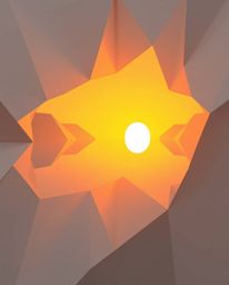 An intricate origami-style artwork, illuminated by gentle soft light, captures the reflection of a sunset in a glassy fjord. 
