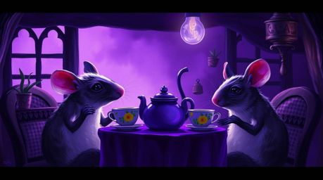 A dramatic digital painting depicts anthropomorphic mice enjoying tea in a cozy cottage.  The artwork utilizes deep ultraviol
