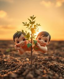 This high-resolution stock photo captures the adorable scene of hands gently planting a tree beneath a stunning golden sky. T