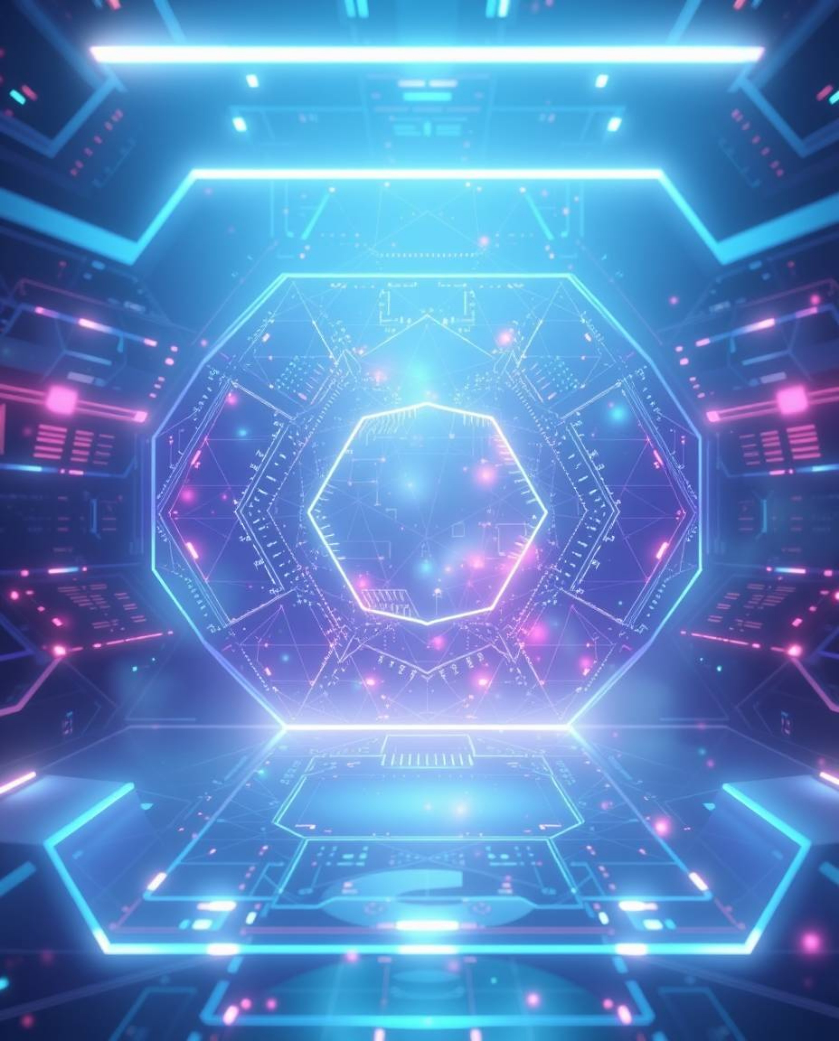 Explore a mesmerizing futuristic digital interface composed of intricate geometric patterns with a captivating holographic ae