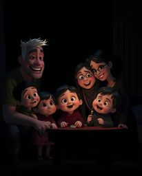 Experience a poignant Pixar-style family reunion visualized with an intense jet-black dramatic cinematic flair. This renderin