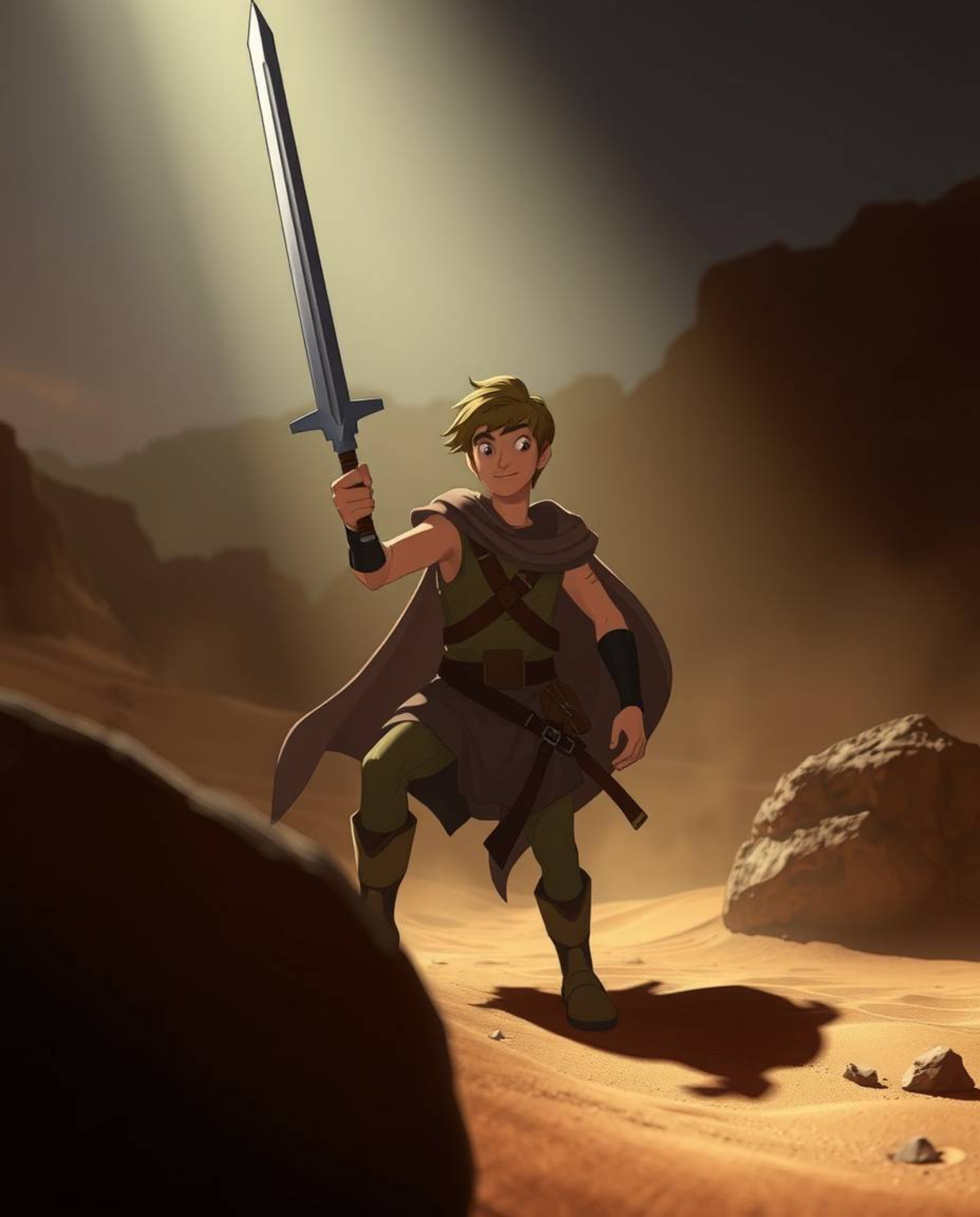 Embark on a captivating Disney-style desert adventure with a brave hero facing dramatic tension and intense shadows created b