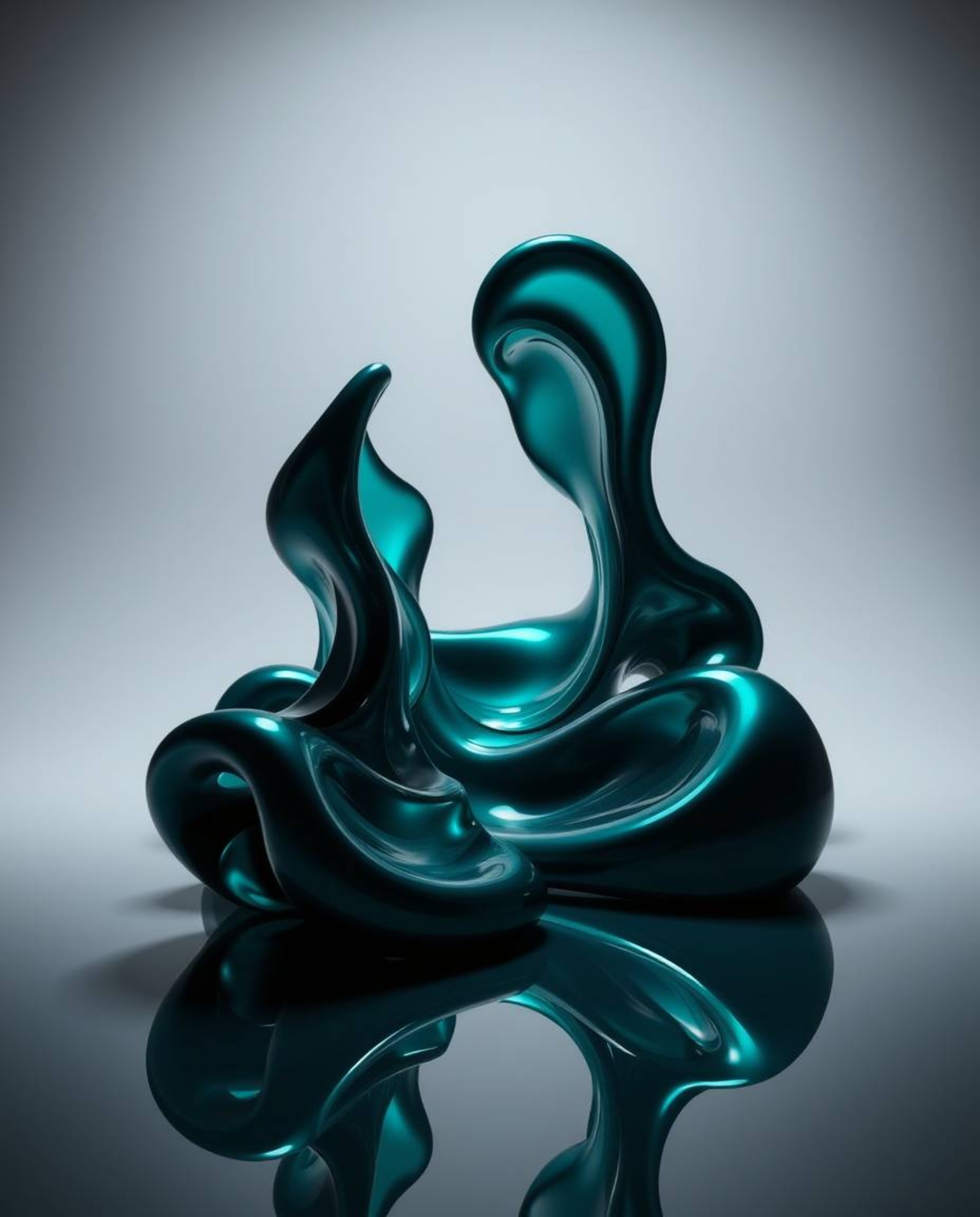 Explore mesmerizing 3D sculptural forms reminiscent of liquid mercury, rendered with deep teal and rich, vibrant colors.  The