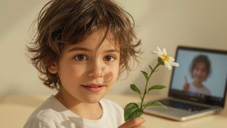 In a warmly lit, cinematic photograph, a bright-eyed homeschooled genius, about 10-12 years old with messy curly hair and fre