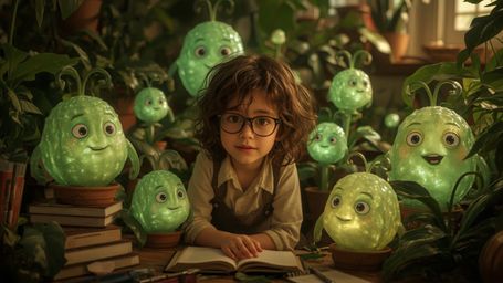 a highly detailed, vibrant, and whimsical cinematic photograph of a brilliant, bespectacled homeschooled girl, likely around 