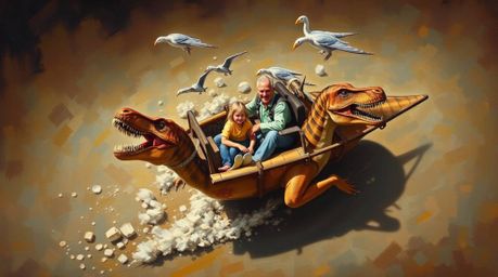 A captivating classic oil painting depicts a prehistoric family enjoying a ride in a dinosaur-shaped car.  Viewed from a bird