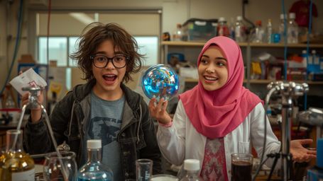 A vibrantly colored, cinematic photograph, in a style inspired by Pixar, captures two diverse and enthusiastic science fair p