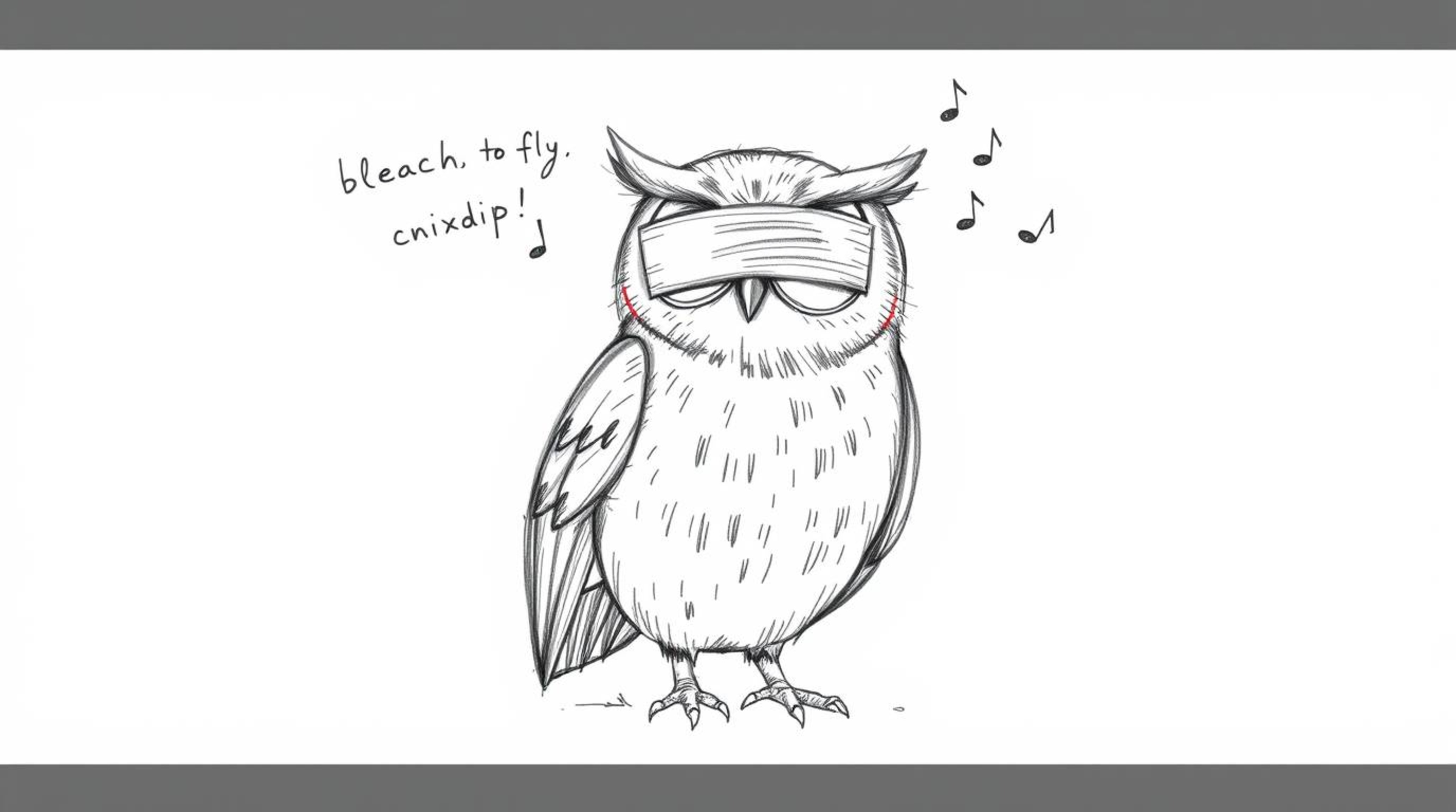 A heartwarming hand-drawn sketch in the style of Pixar depicts a blind owl with textured pencil strokes and rough lines again
