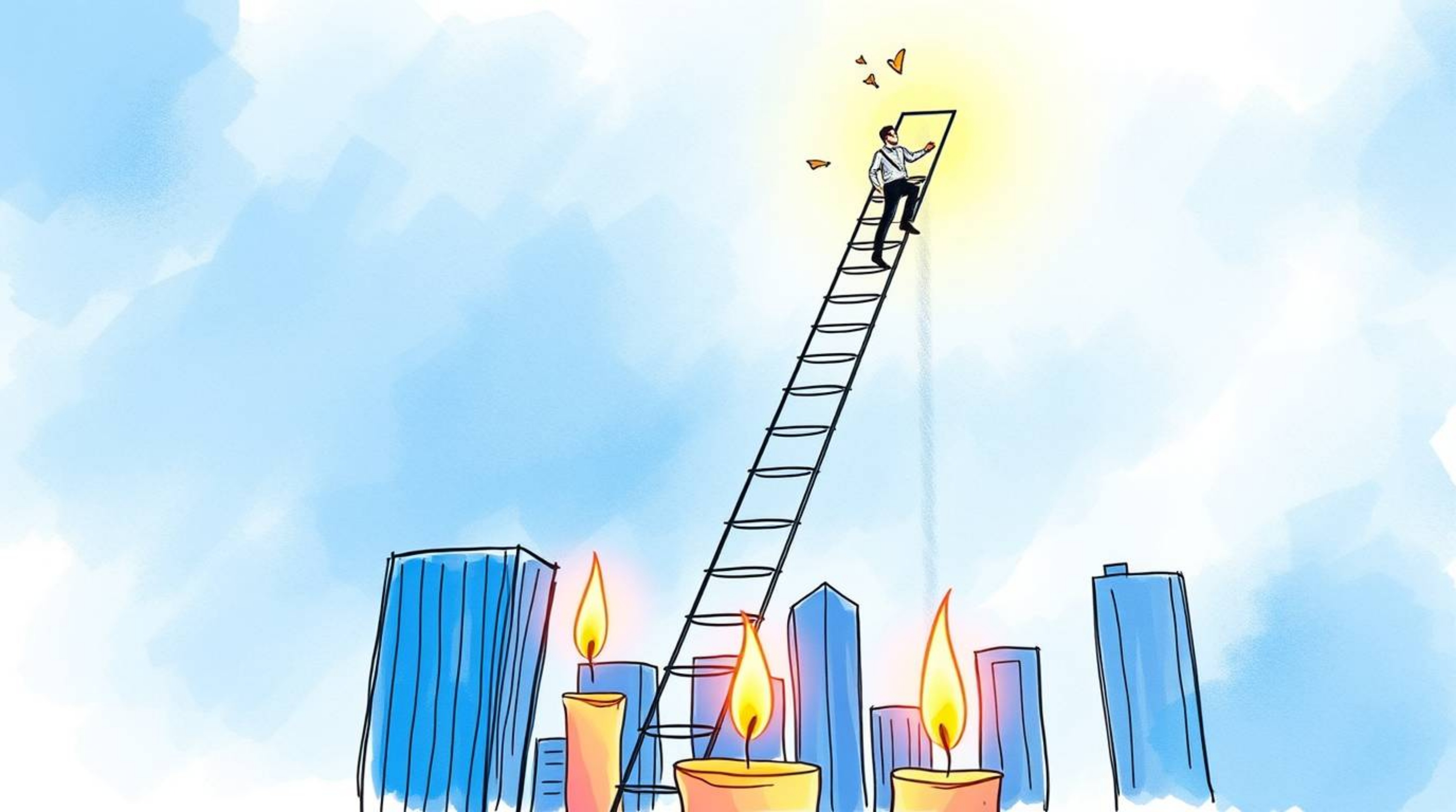 This image portrays an abstract concept of success using a hand-drawn sketch style, featuring a businessperson climbing a tra