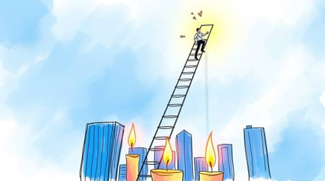 This image portrays an abstract concept of success using a hand-drawn sketch style, featuring a businessperson climbing a tra