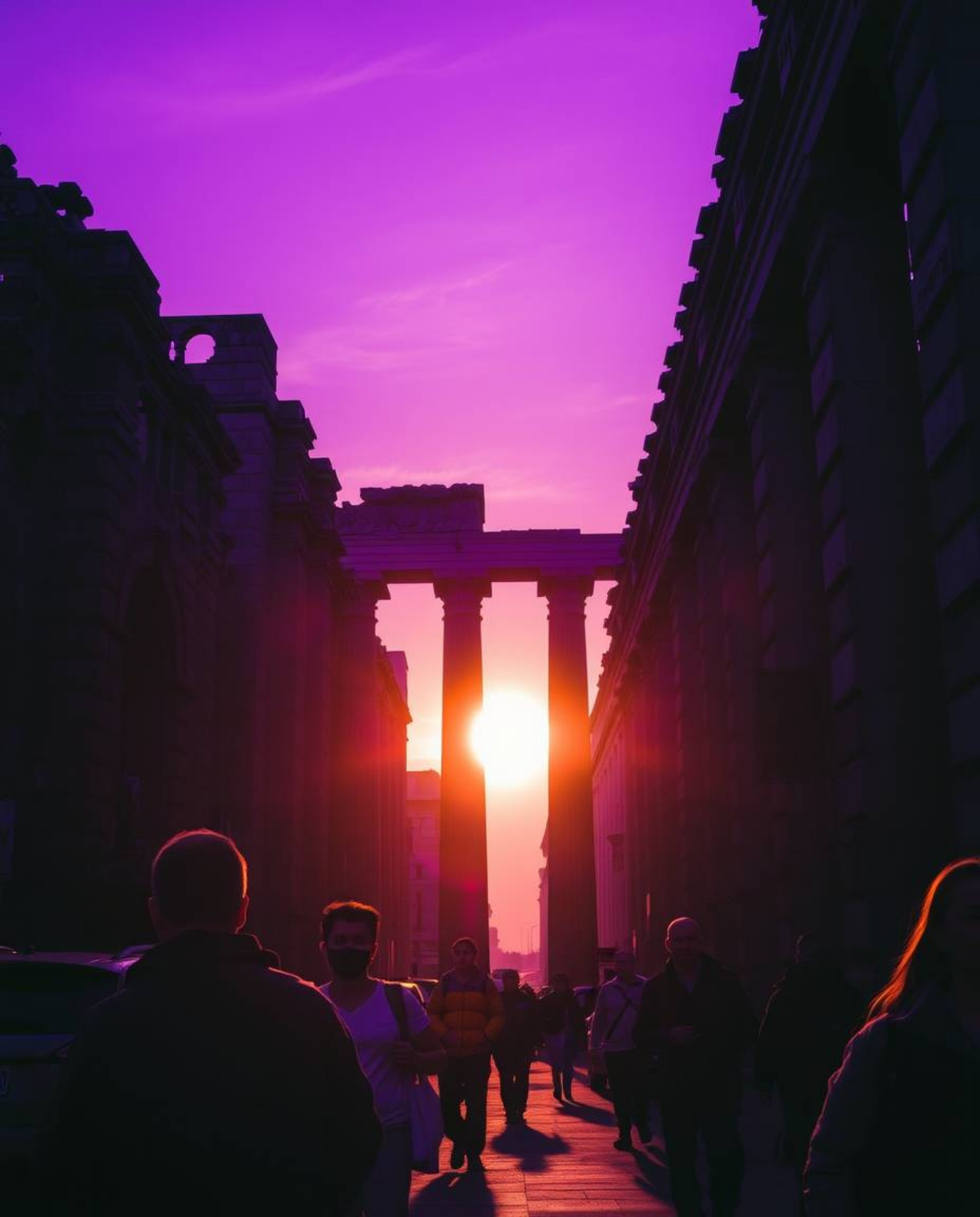 Candid street photography with deep ultraviolet hues depicts a sunset casting shadows through ancient stone ruins. This high-