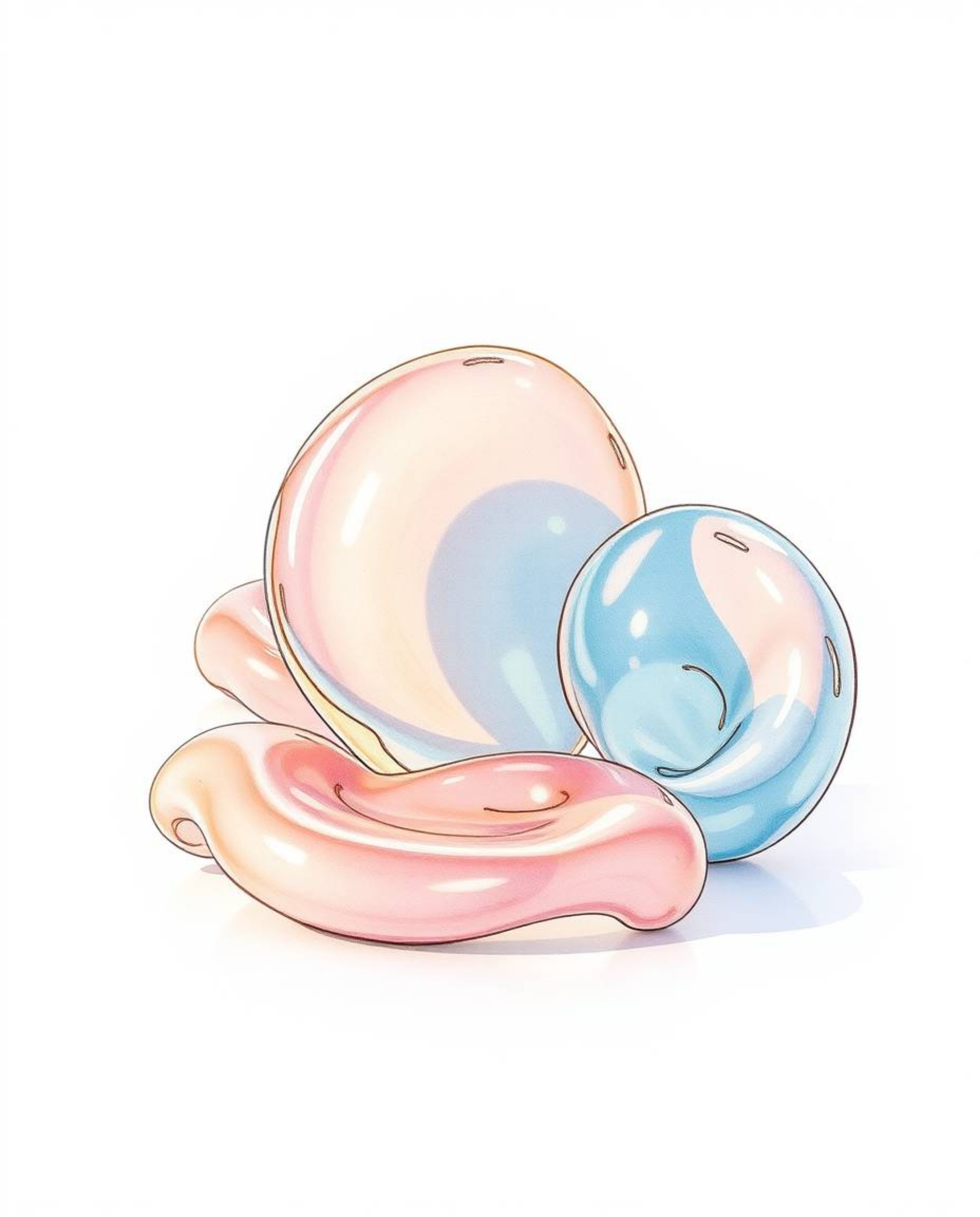A soft pastel hand-drawn color sketchnote showcasing sculptural 3D fluid mercury shapes.  The artwork features reflective sur