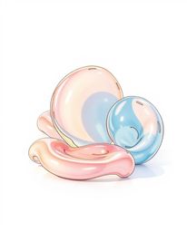 A soft pastel hand-drawn color sketchnote showcasing sculptural 3D fluid mercury shapes.  The artwork features reflective sur