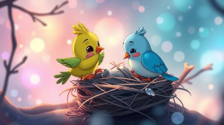 Experience the magic of iridescent colors washing over two charming cartoon birds as they diligently construct their nest in