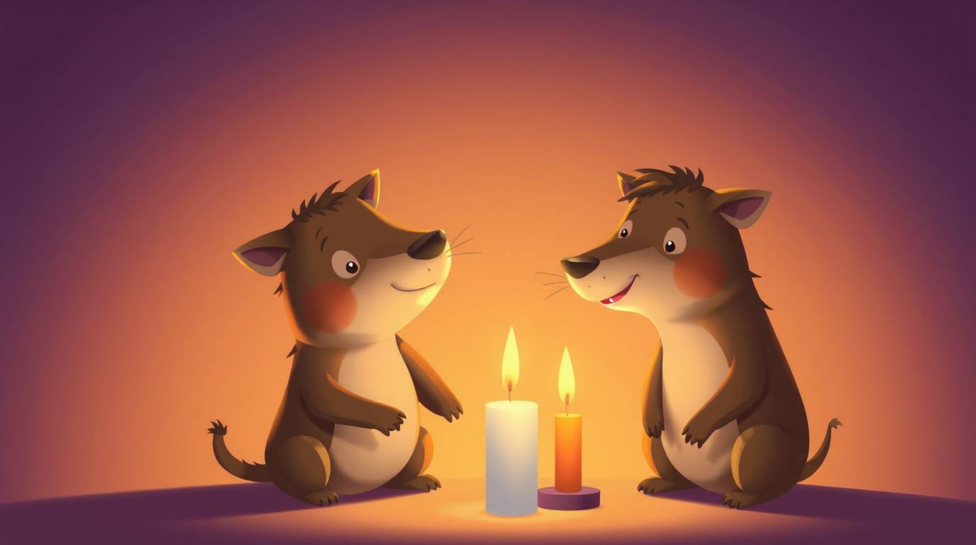 A delightful scene unfolds with a duo of talking animals getting into all sorts of mischief. Warm candlelight illuminates the