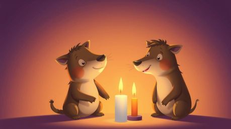 A delightful scene unfolds with a duo of talking animals getting into all sorts of mischief. Warm candlelight illuminates the