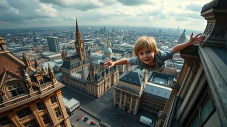 A captivating high-angle photograph depicts a young boy with fair skin magically flying above the iconic cityscape of London,
