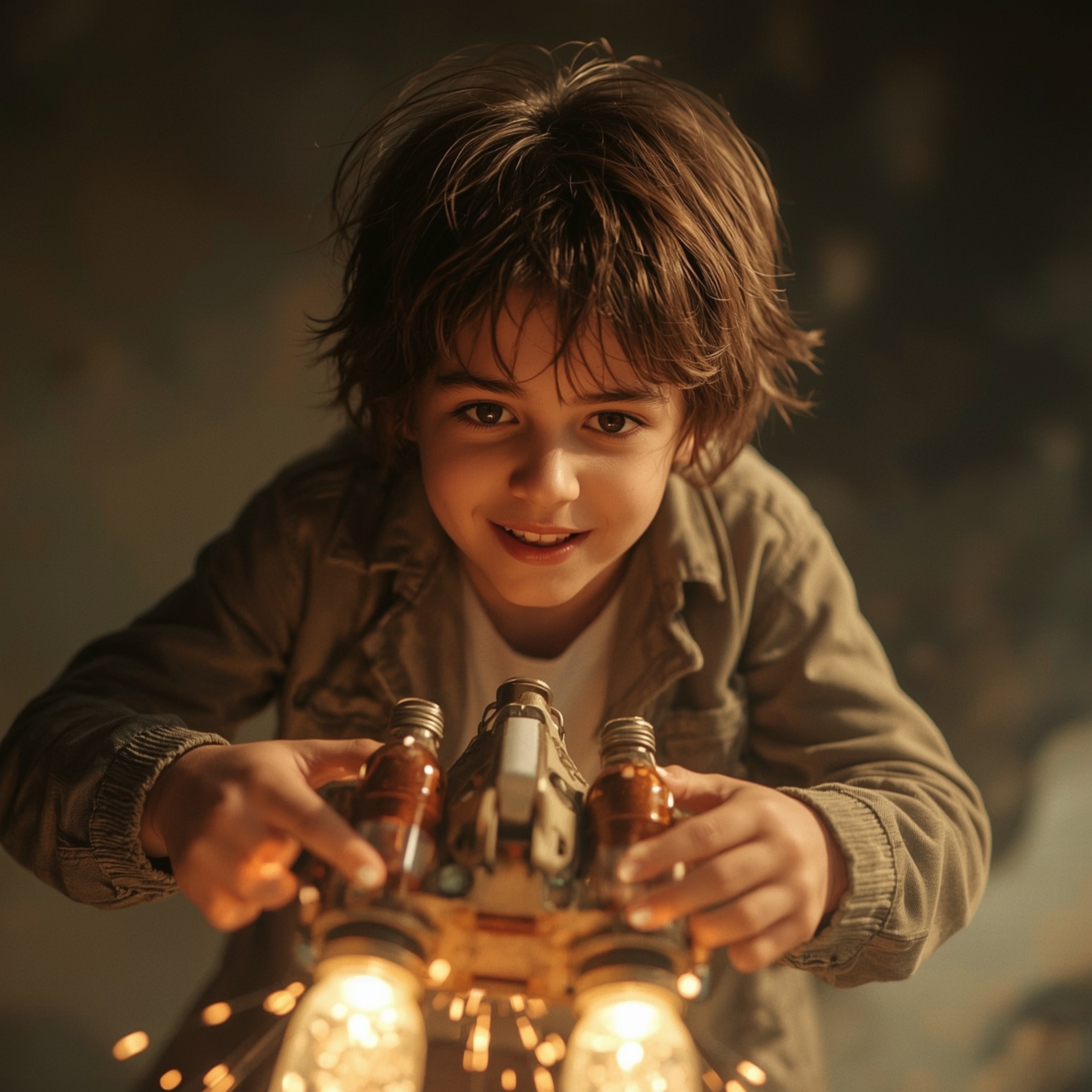 Exquisite high fashion photography captures a boy with messy brown hair and bright curious eyes, completely engrossed in buil