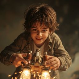 Exquisite high fashion photography captures a boy with messy brown hair and bright curious eyes, completely engrossed in buil