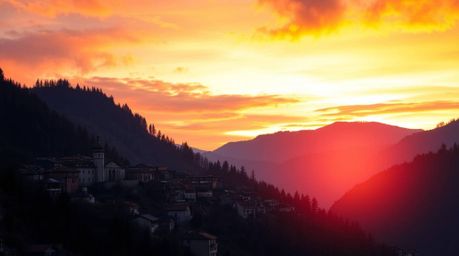 A captivating high-resolution stock photo depicts a cozy village nestled in a picturesque valley.  The vibrant sunset casts a