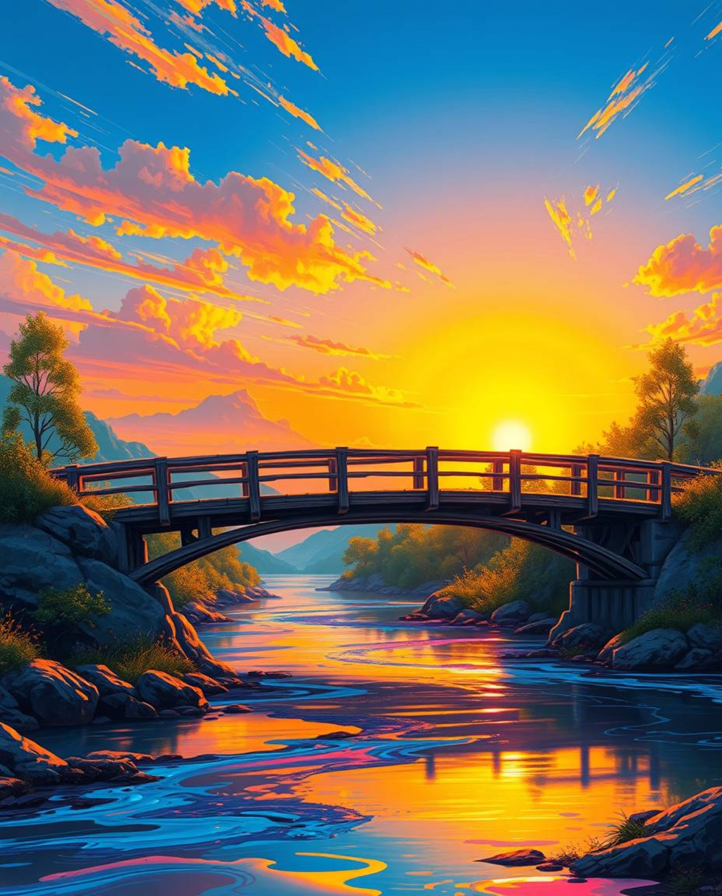 This is a digital painting that reimagines an old wooden bridge over a river at sunset in a futuristic sci-fi style. The artw